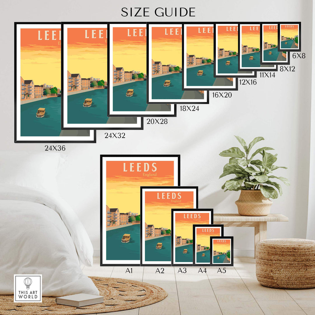 Leeds Poster Print size guide showcasing various frame sizes for stylish wall art options.