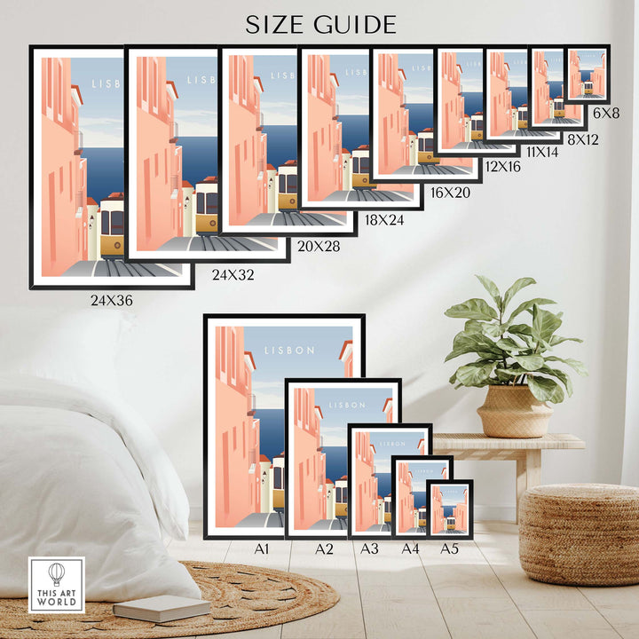 Size guide for Lisbon Wall Art Poster showcasing dimensions from 6x8 to 24x36 in a stylish decor setting.
