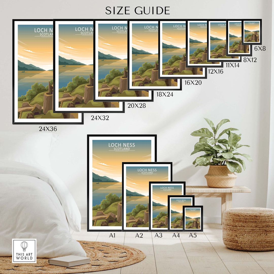 Size guide for Loch Ness Wall Art Scotland Print in various framing options for home decor.
