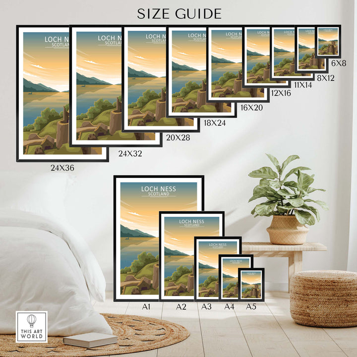 Size guide for Loch Ness Wall Art Scotland Print in various framing options for home decor.