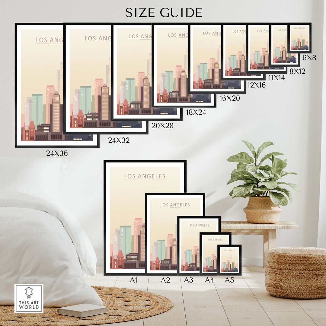 Size guide for Los Angeles skyline wall art poster in various frame sizes on a stylish interior backdrop.