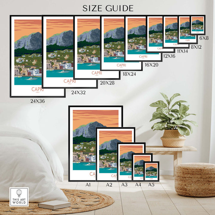 Size guide for Capri Print travel poster showcasing various frame sizes in a stylish indoor setting.