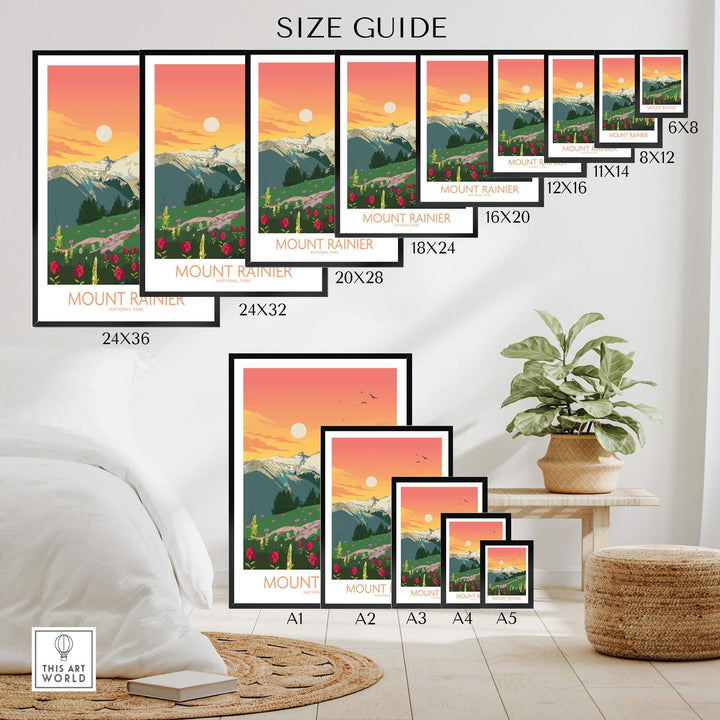 Size guide for Mount Rainier National Park art prints showcasing various frame sizes and designs.