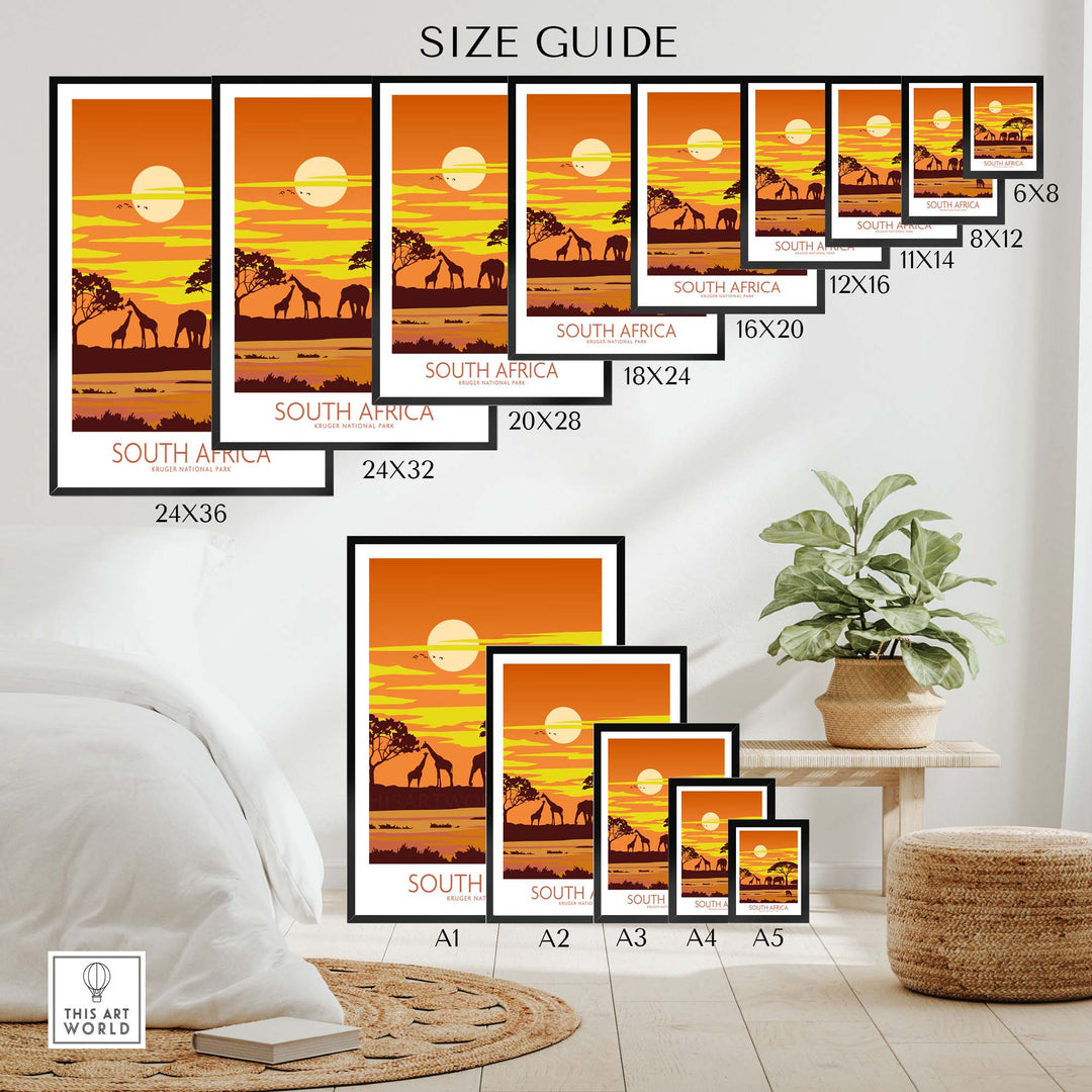 Size guide for South Africa print featuring Kruger National Park artwork in various frame sizes on display.