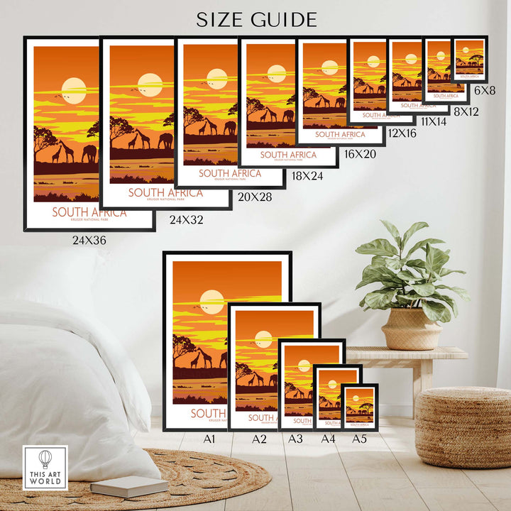 Size guide for South Africa print featuring Kruger National Park artwork in various frame sizes on display.