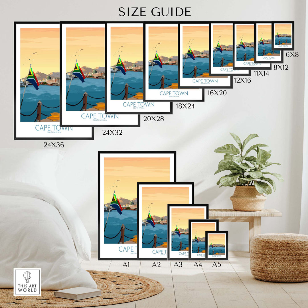 Size guide for Cape Town Print poster displaying various frame sizes for stylish wall art options.