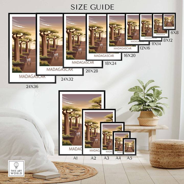 Madagascar poster size guide showing various sizes for framed and unframed prints to enhance your home decor.