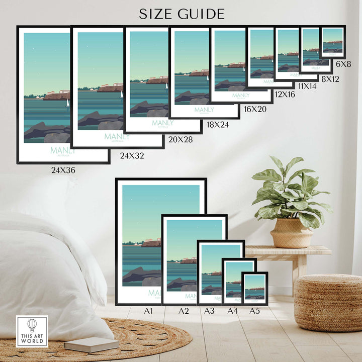 Size guide for Manly Wall Art Australia Travel Posters in various dimensions and framed options.
