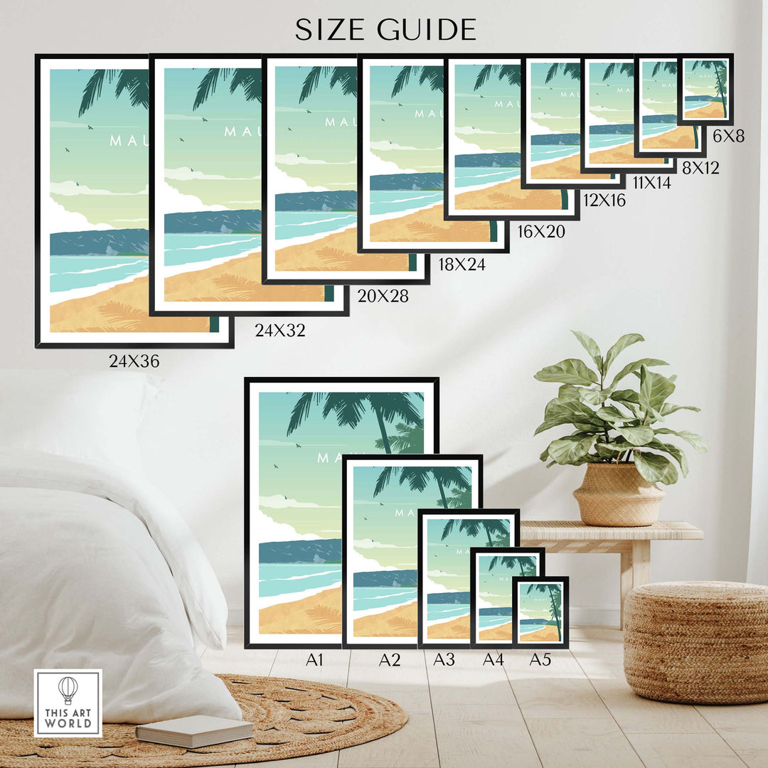 Size guide for Maui Print Wall Art Poster with various frame sizes displayed in a cozy room setting.