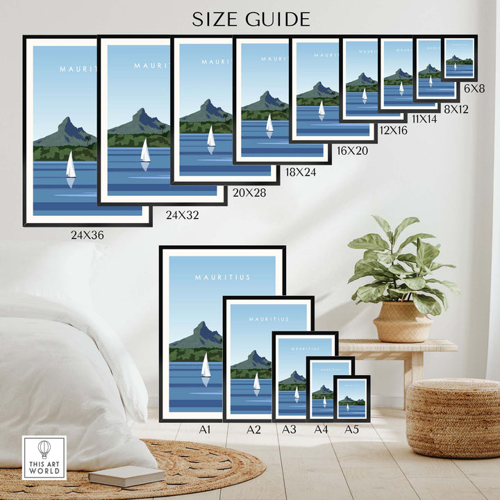 Size guide for Mauritius Travel Poster Print showcasing various dimensions and stylish wall art options.