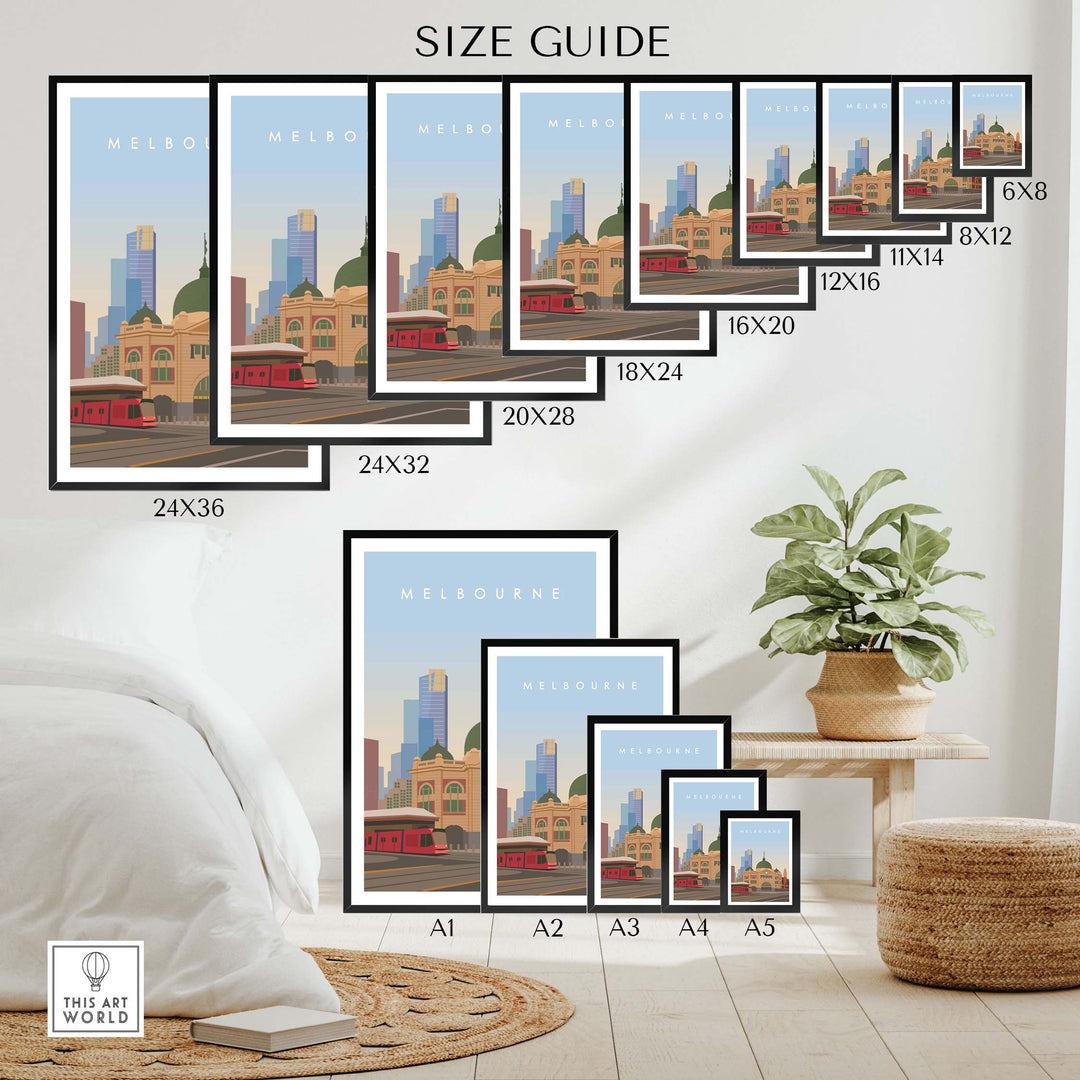 Melbourne Wall Art Print Size Guide showcasing various framed options for home decor.