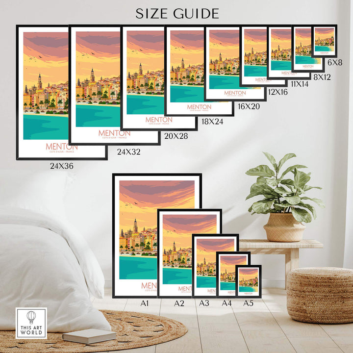 Menton Cote d'Azur Poster Print size guide showcasing various frame sizes and design options in a stylish home setting.