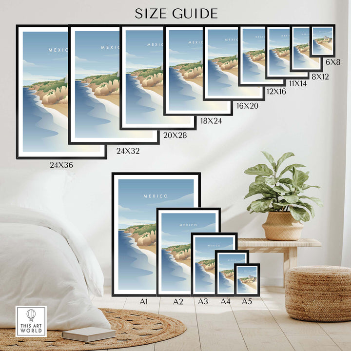 Size guide for Mexico Wall Art Posters, showing various dimensions available for stylish home decor.