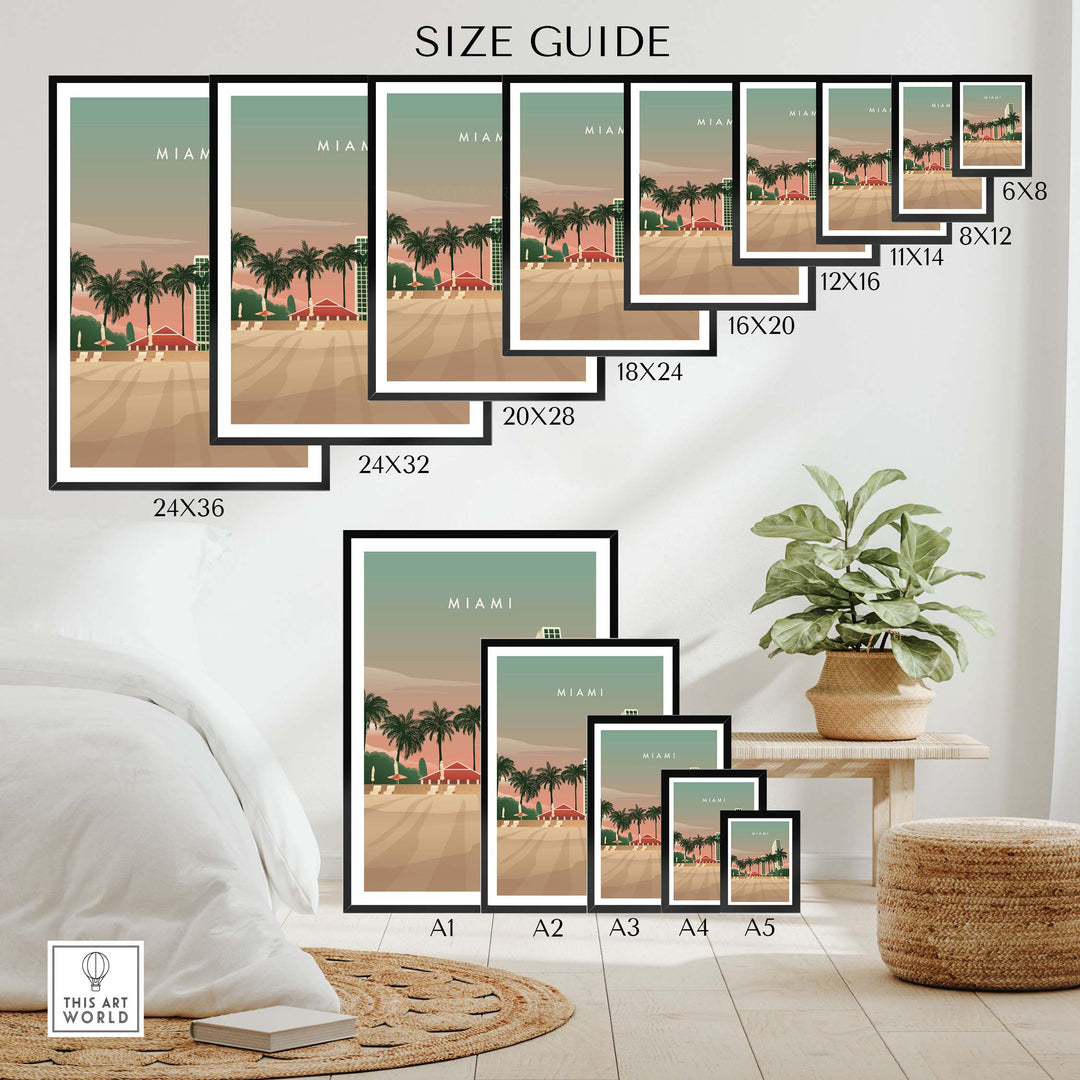 Size guide for Miami Print Wall Art Poster showcasing various frame sizes and a stylish decor setting.