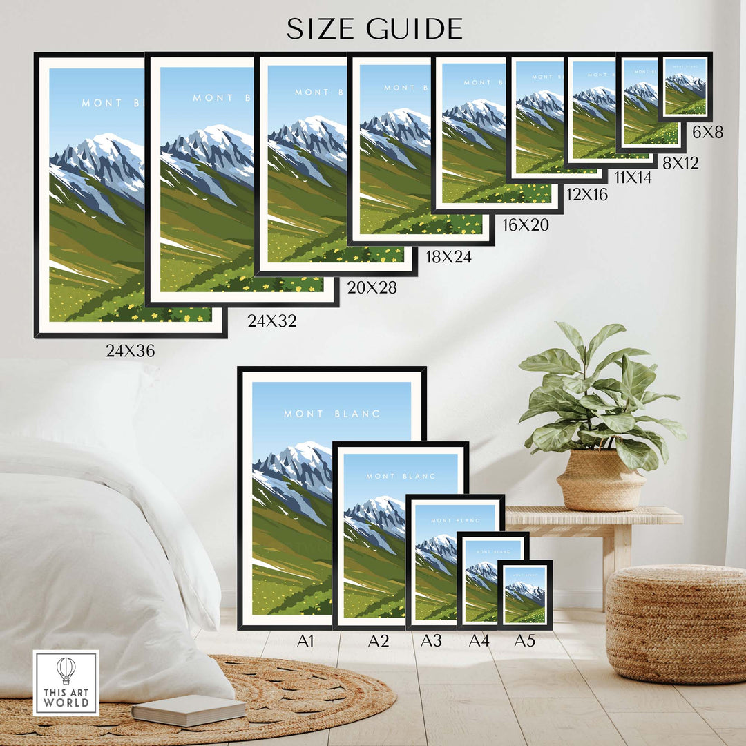 Mont Blanc Travel Poster Print size guide showcasing various frame options and dimensions in a home setting.