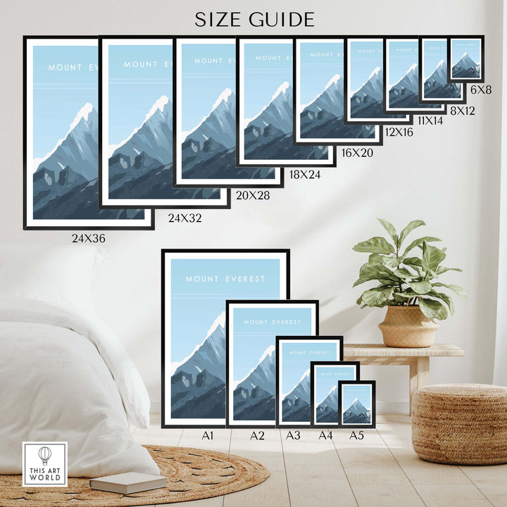 Mount Everest poster size guide showcasing various frame sizes and designs for stylish wall art.