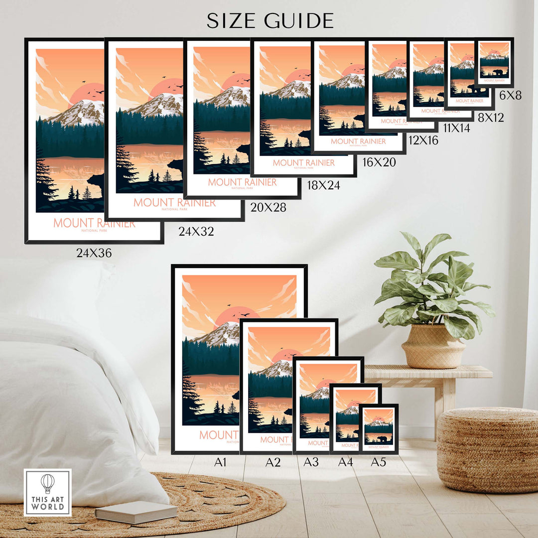 Size guide for Mount Rainier poster prints in various sizes, showcasing minimalist design and outdoor theme.