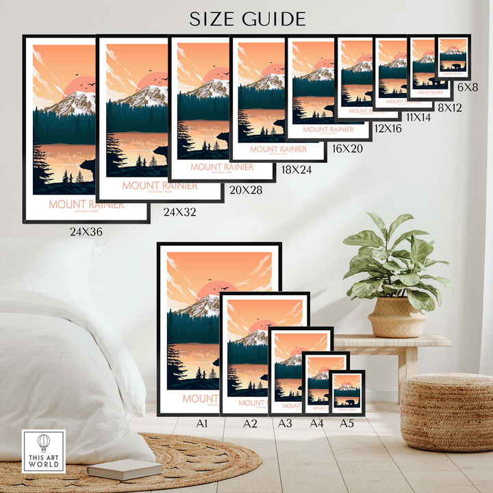 Size guide for Mount Rainier poster prints in various sizes, showcasing minimalist design and outdoor theme.