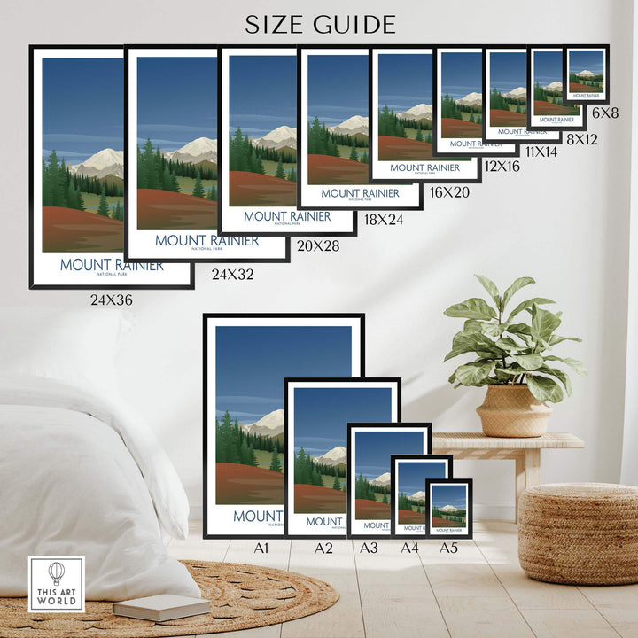 Size guide for Mount Rainier National Park art prints, showcasing various frame sizes and styles.