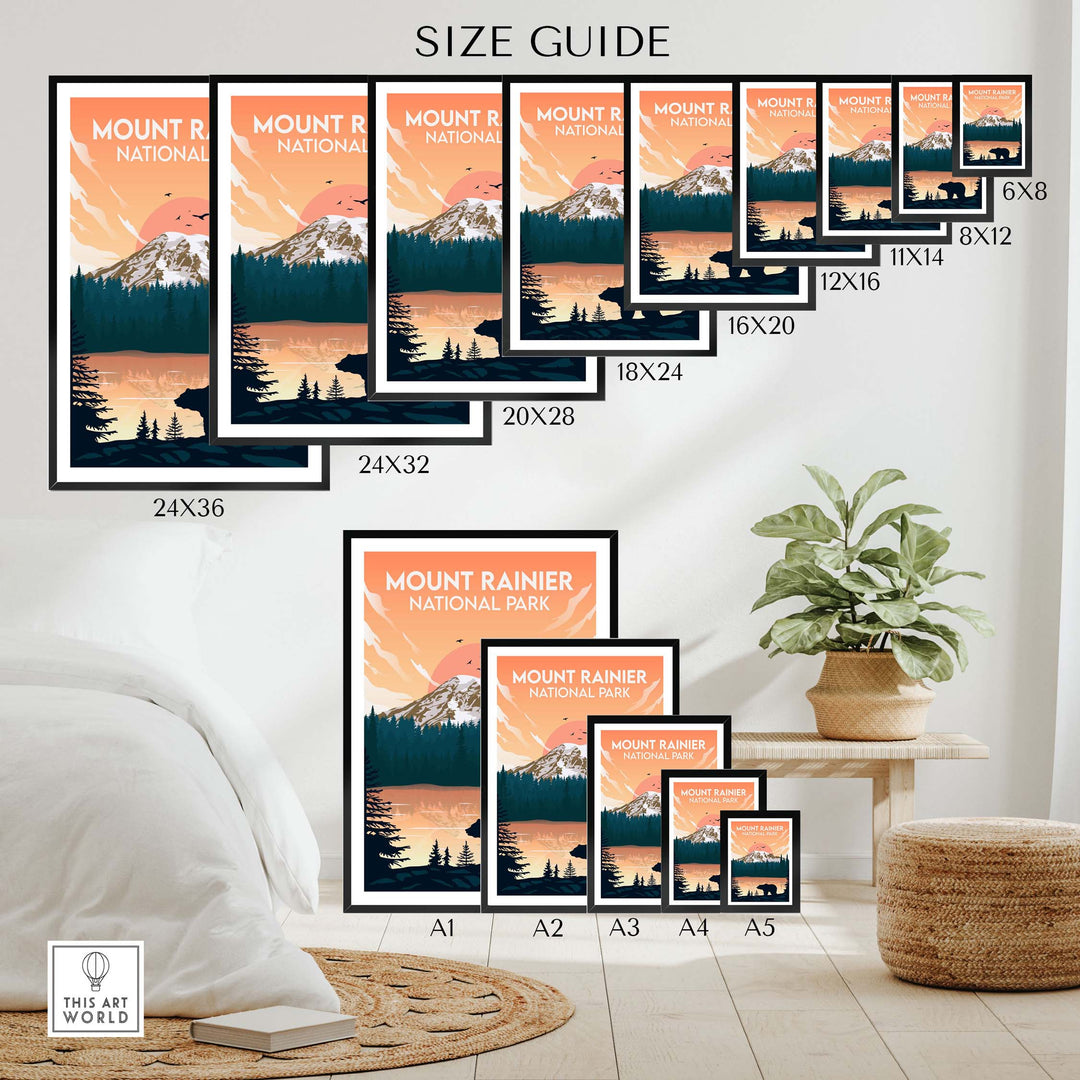 Size guide for Mount Rainier National Park print showing various frame sizes and styles for home decor.