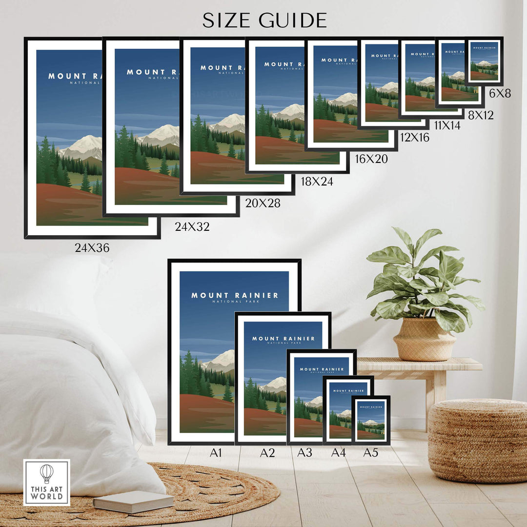 Mount Rainier National Park art size guide with various framed print dimensions displayed in a cozy interior setting.