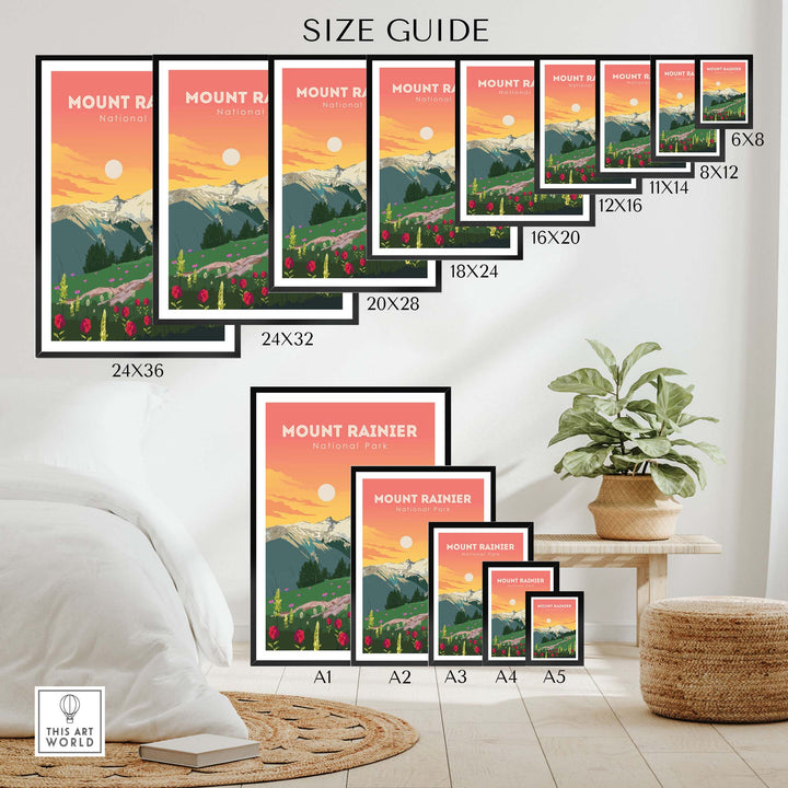 Size guide for Mount Rainier Print showcasing various frame sizes and options for wall art.