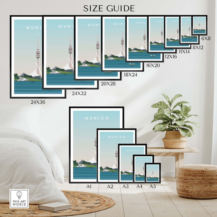Size guide for Munich Print Travel Poster in various frame sizes displayed in a stylish indoor setting.