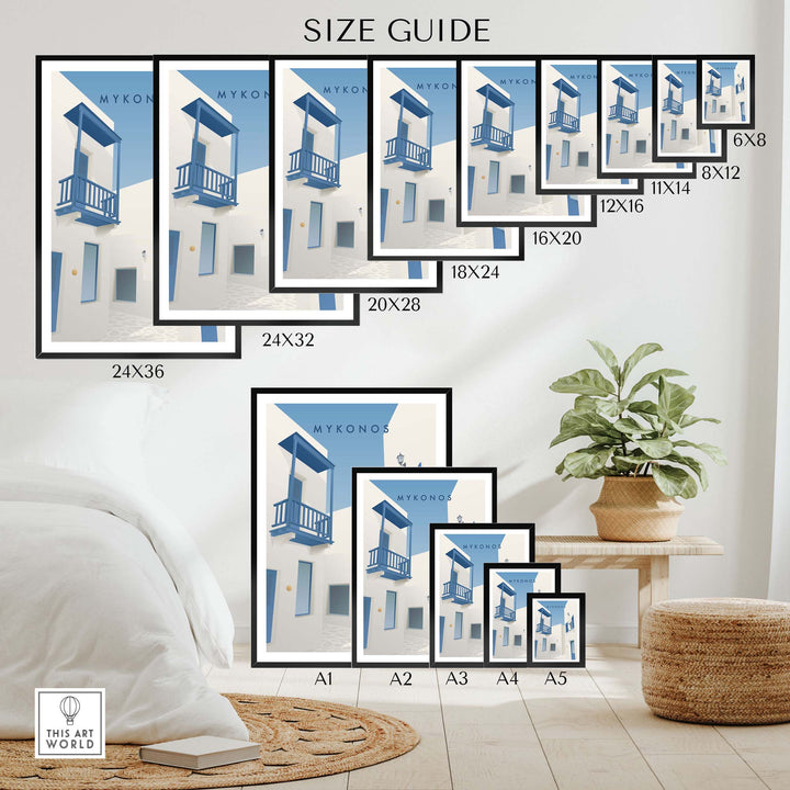 Mykonos Wall Art Poster size guide showing framed and unframed print dimensions for home decor.