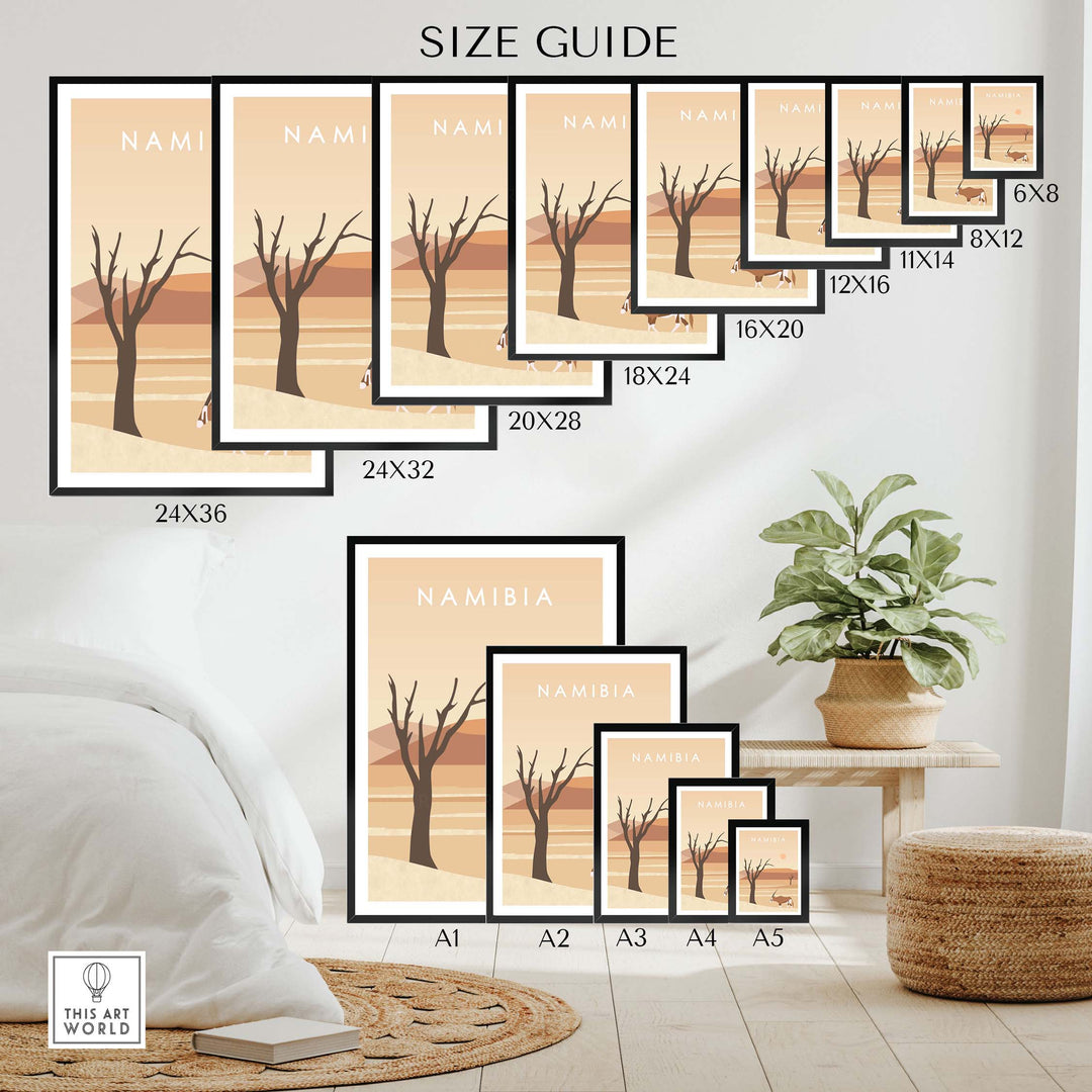 Size guide for Namibia Print Dunes poster showing various frame sizes and layout options in a stylish room.