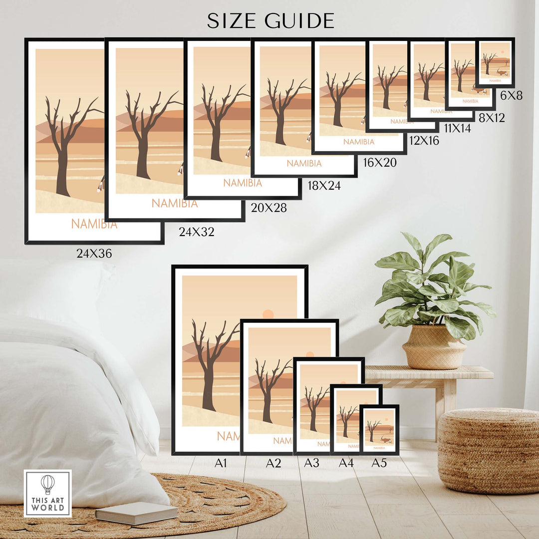 Size guide for Namibia Travel Poster Prints in various sizes, displayed in a stylish home setting with plants.