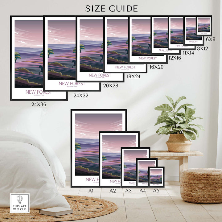Size guide for New Forest National Park art prints showcasing various dimensions against a cozy home setup.
