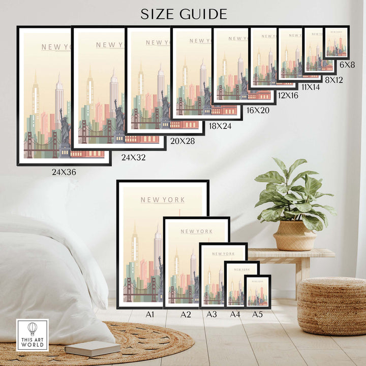 Size guide for New York City skyline prints, showcasing various frame sizes and a modern living space setting.