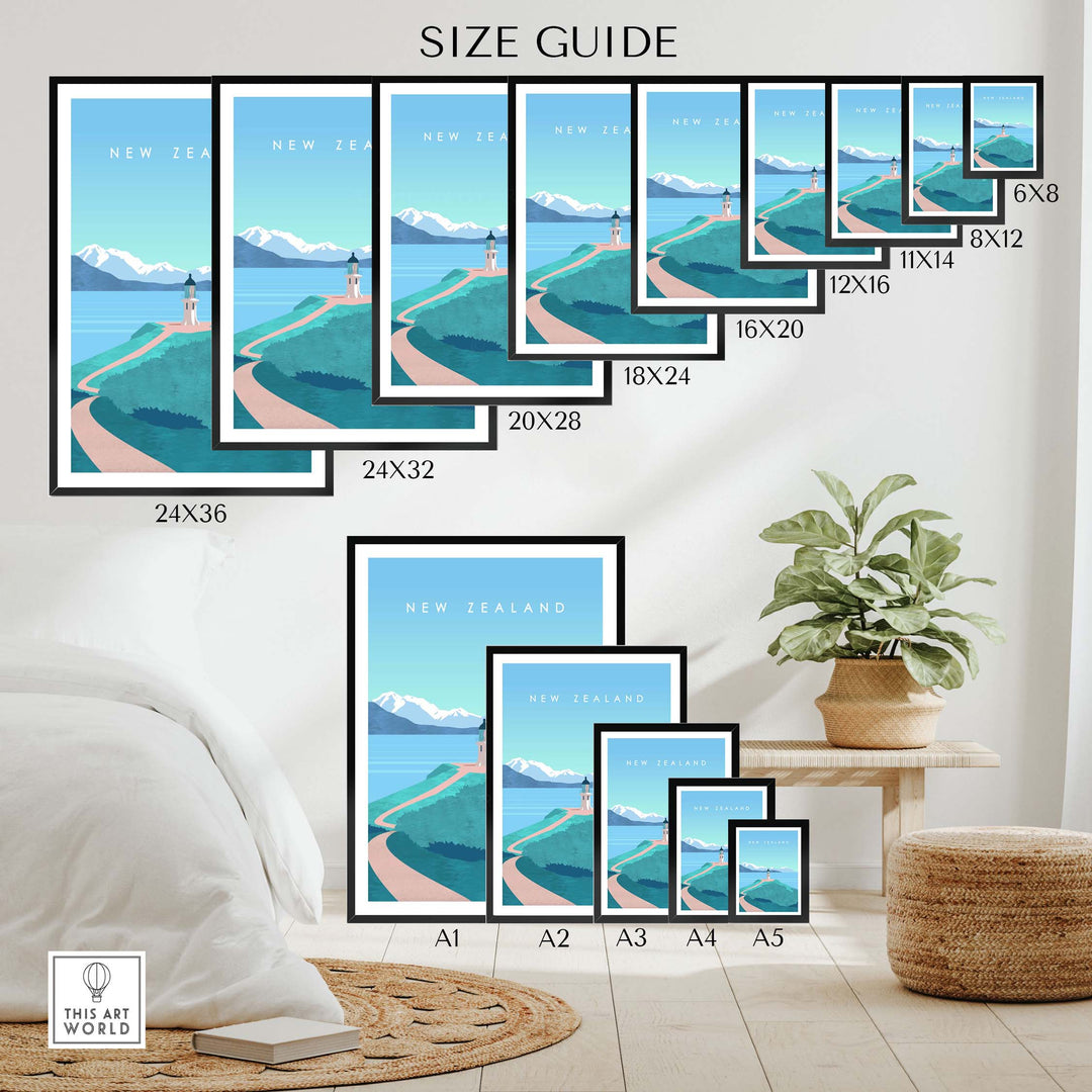 New Zealand Print Wall Art Poster size guide showing various frame sizes in a stylish home setting.