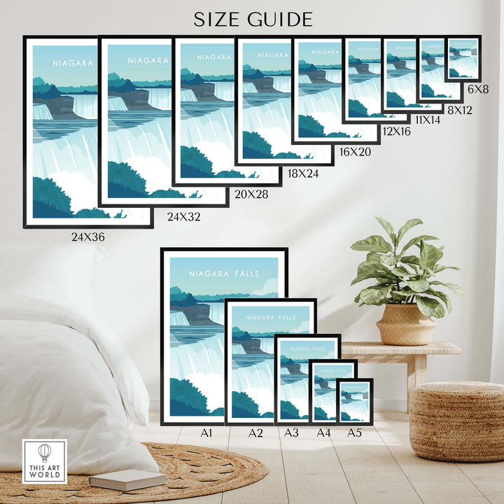 Size guide for Niagara Falls Print Wall Art Poster showcasing various frame dimensions for home decor.