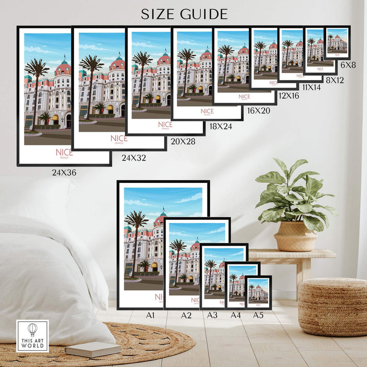 Size guide for Nice France Travel Print showing various frame sizes on a stylish interior background.