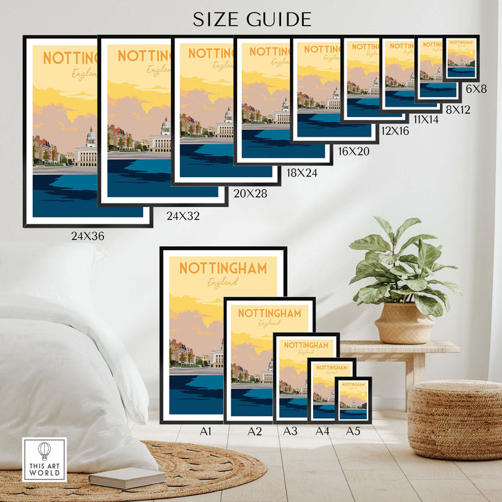 Size guide for Nottingham Print England Poster showcasing various frame sizes for stylish wall art.
