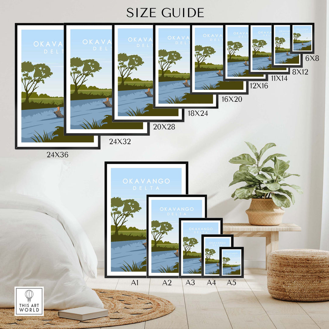 Size guide for Okavango Botswana Print showcasing various frame sizes and options in a stylish interior setting.