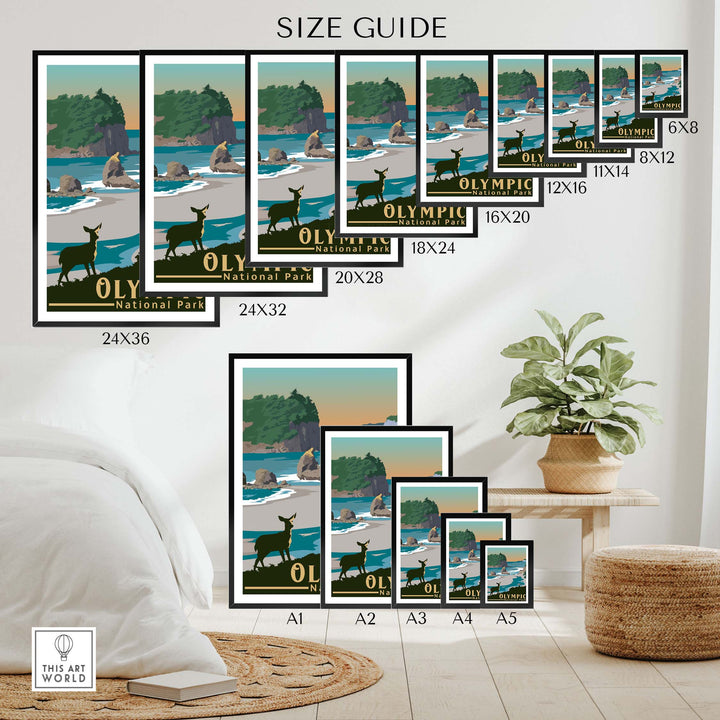 Olympic National Park Print size guide showcasing various frame options and styles for home decor.