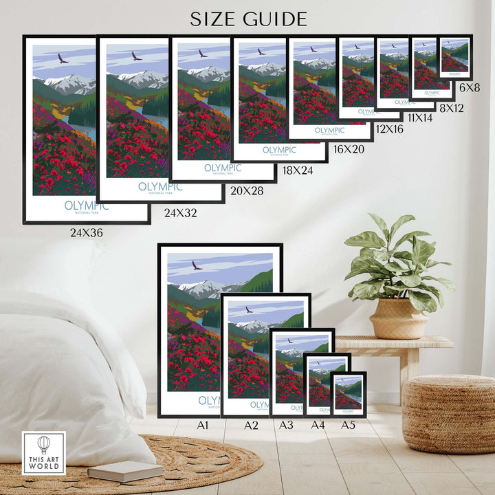 Olympic National Park poster size guide with various frame sizes displayed in a stylish room setting.