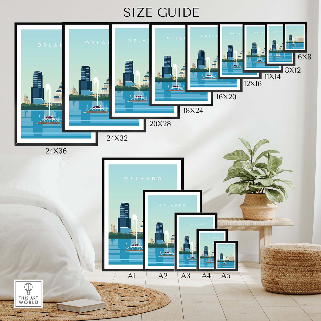 Size guide for Orlando Travel Poster Print showcasing various frame sizes for home decor.
