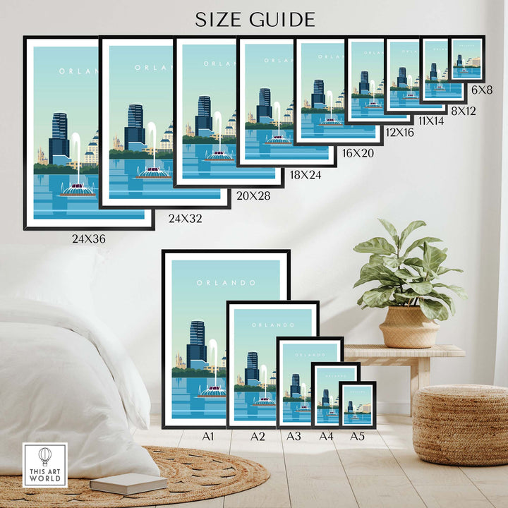 Size guide for Orlando Travel Poster Print showcasing various frame sizes for home decor.
