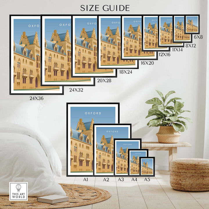 Size guide for Oxford Wall Art Poster showcasing various frame sizes and design options for stylish decor.