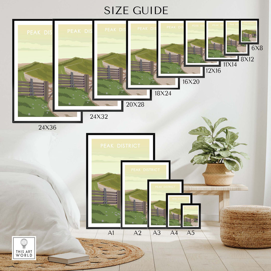 Size guide for Peak District Print showcasing various frame sizes and a nature-inspired design.
