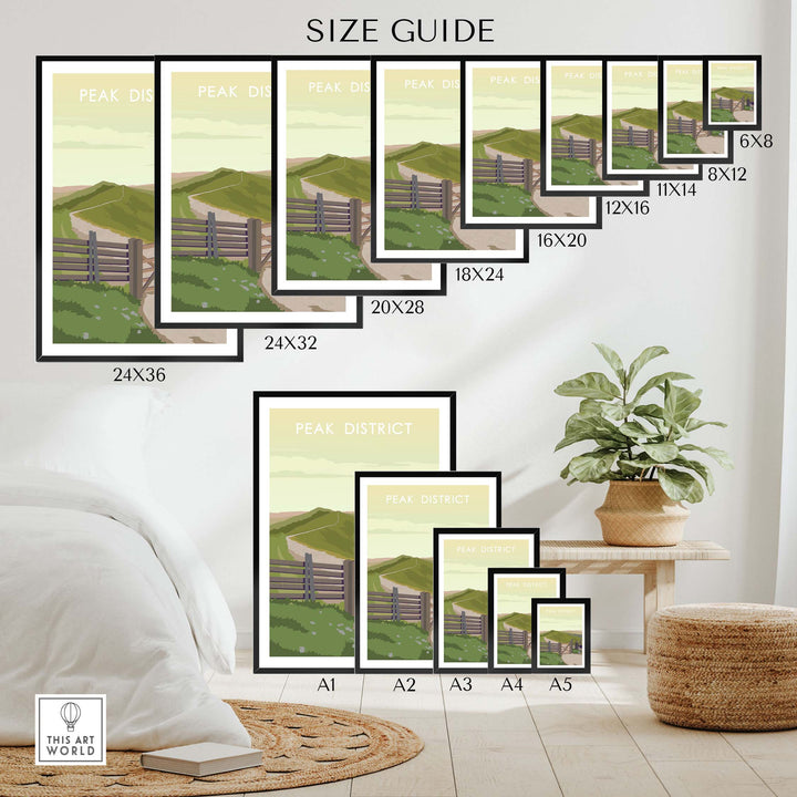 Size guide for Peak District Print showcasing various frame sizes and a nature-inspired design.