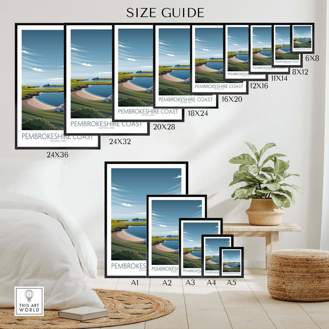Size guide for Pembrokeshire Coast Print National Park Poster featuring various dimensions and styles in a stylish interior setting.