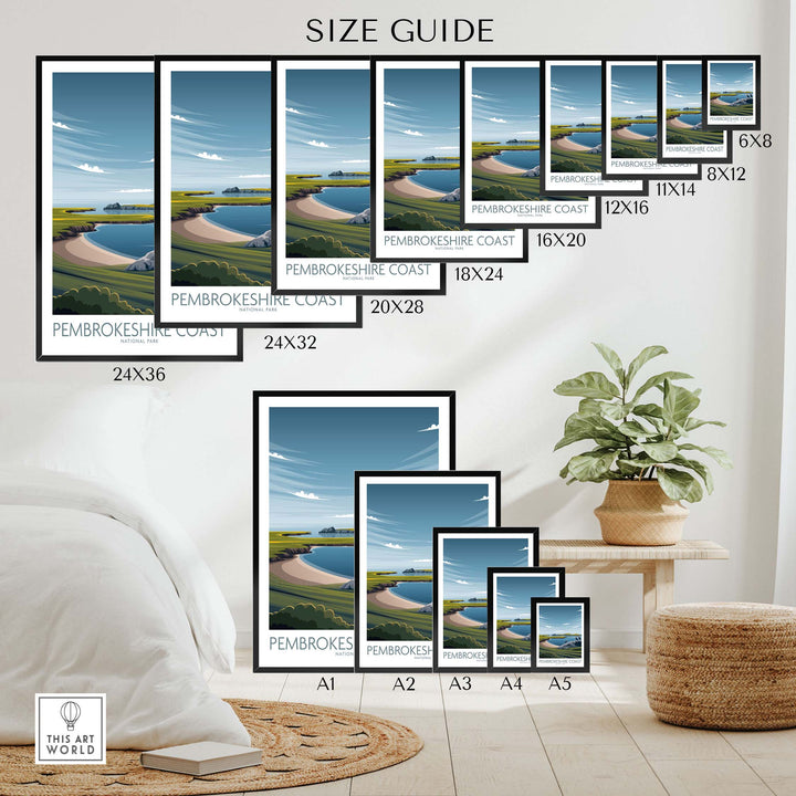 Size guide for Pembrokeshire Coast Print National Park Poster featuring various dimensions and styles in a stylish interior setting.
