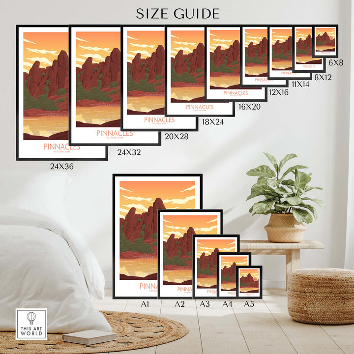 Size guide for Pinnacles National Park poster art prints showcasing various sizes and a stylish home decor setting.