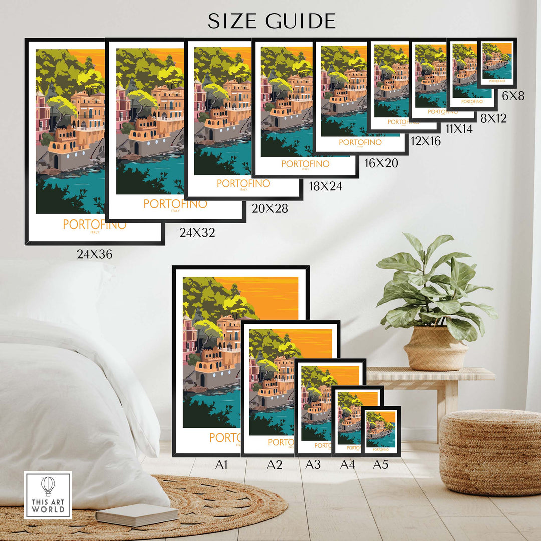 Size guide for Portofino print travel poster showing various frame options and dimensions for stylish wall art.