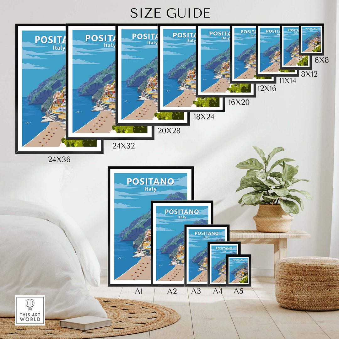Size guide for Positano Poster Print Italy Wall Art showcasing various frame sizes for home decor.