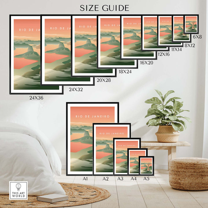 Size guide for Rio de Janeiro wall art poster showcasing various frame sizes.